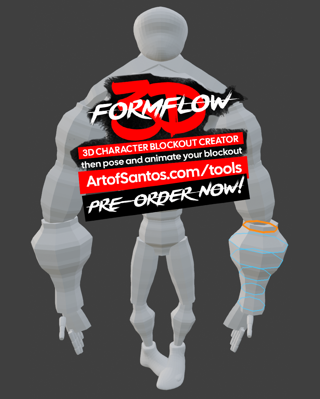 FormFlow 3D grey blockout body example with a refined arm section highlighted.