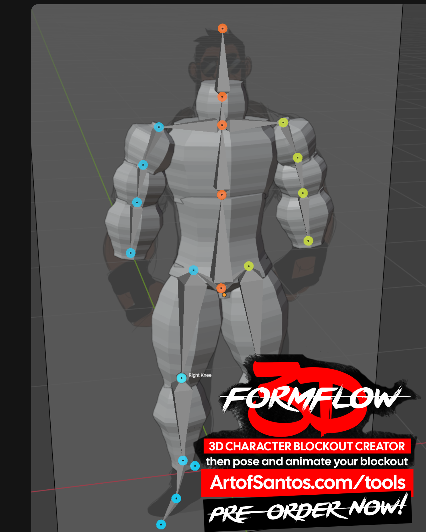 FormFlow 3D screenshot showing a blockout character with guide markers placed across the body.