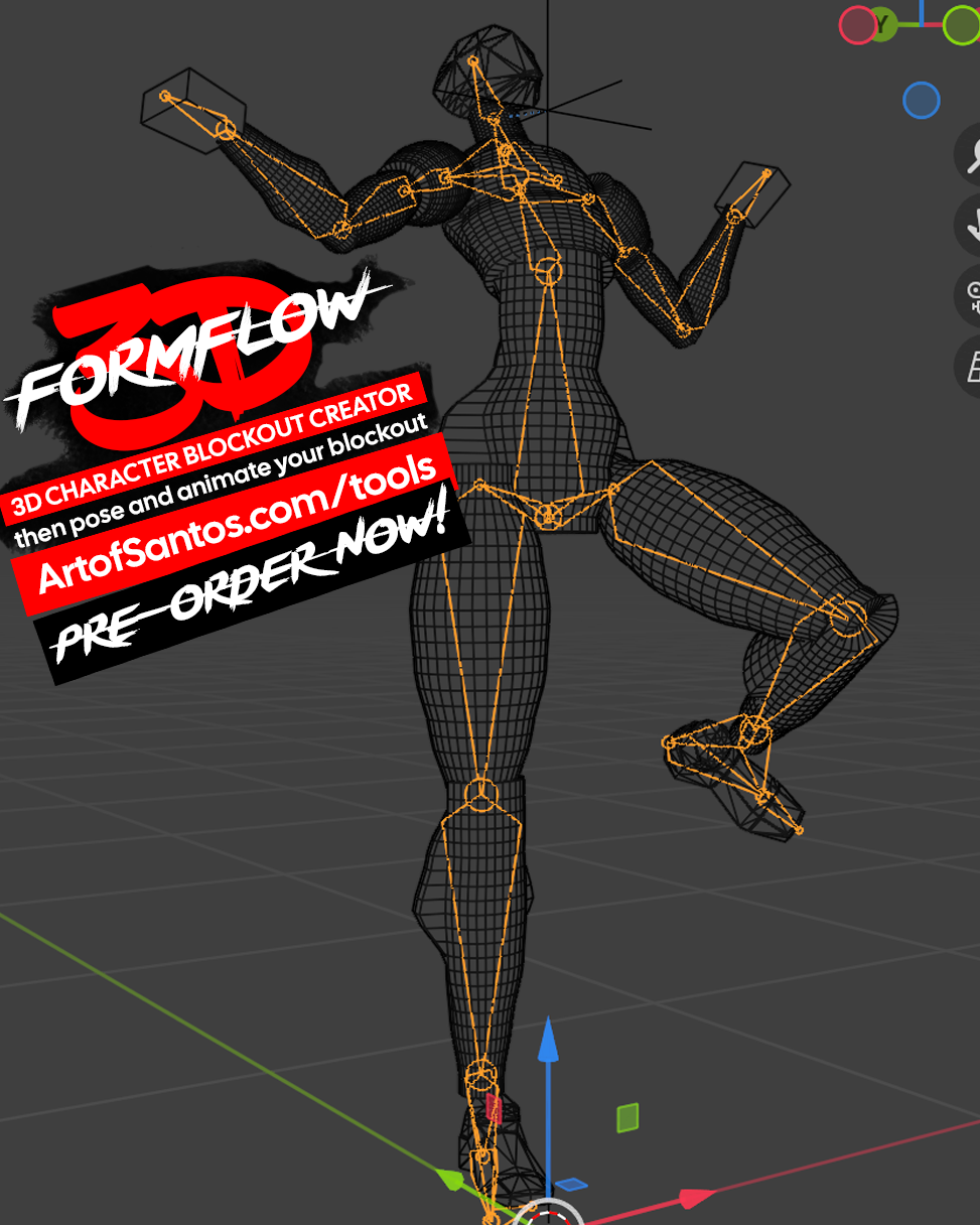 FormFlow 3D character blockout posed with the animatable skeleton visible.