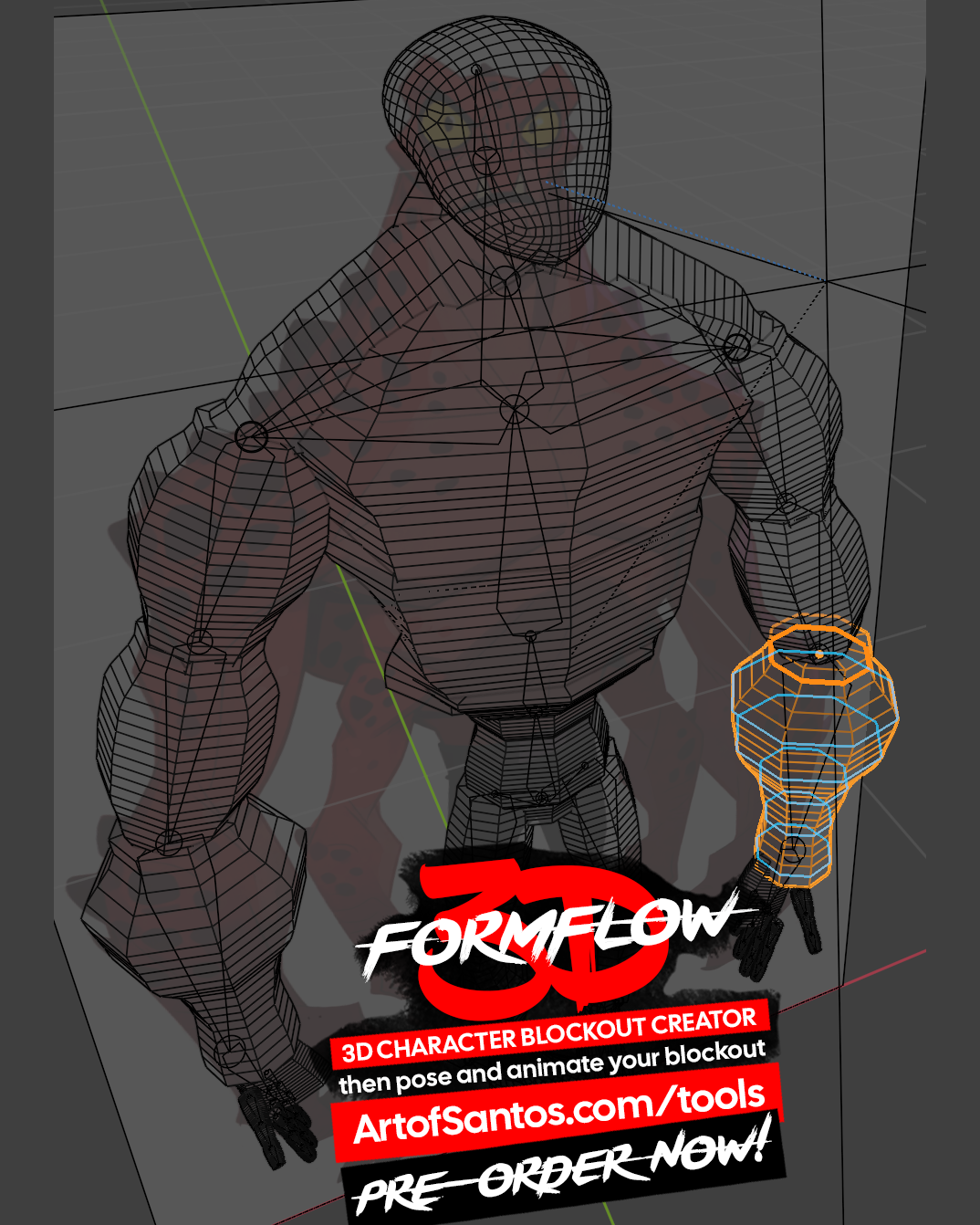 FormFlow 3D torso blockout example with one arm refinement visible.
