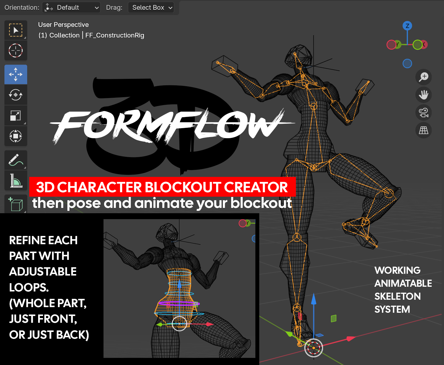 FormFlow 3D blockout hero graphic showing the Blender interface, the FormFlow logo, and a posed 3D character blockout with animatable skeleton.